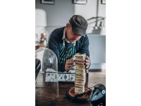 Artist working on 'Post-It Note Tower' 2018 - for the 'Shock of the Old' Exhibition, 2023 - Photo Credit Dave Merritt