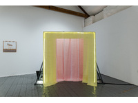artwork 1: Laura Rosser's Potemkin's Curtain of AI, dot matrix print, listing paper, Dexian racking, LED lighting, 2025