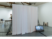 artwork 1c: Laura Rosser Potemkin's Curtain of AI, dot matrix print, listing paper, Dexian racking, LED lighting, 2025