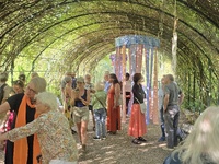 Photograph of the public opening of the Solastalgia Pavilions exhibition by Riviere & Patrinos on 24th July 2026